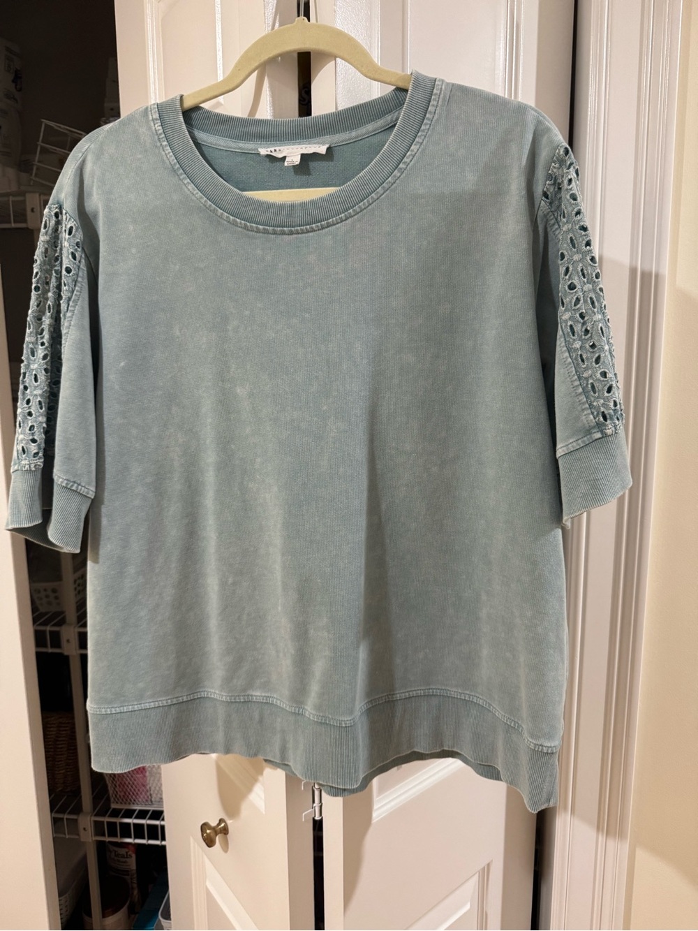 Jane and Delancey Washed Seafoam Green Short Sleeve Top with Eyelet Sleeves